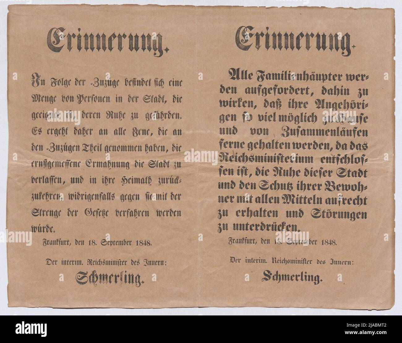 'Memoria.' (2 opinioni del Ministro degli interni del Reich, Francoforte, 18 settembre 1848, su un poster). Sconosciuto Foto Stock