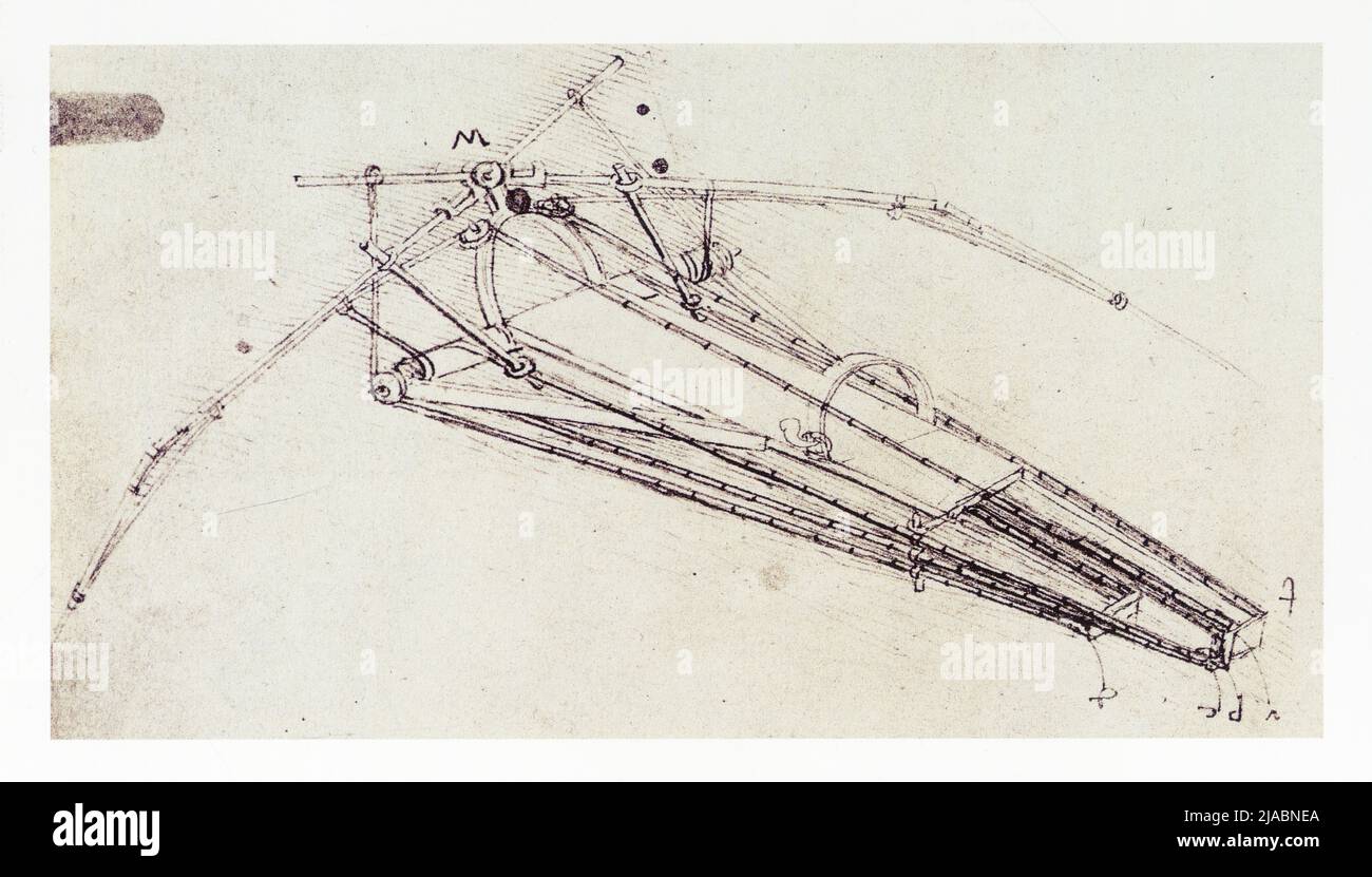 LEONARDO DA VINCI. DISEGNO DI UNA MACCHINA VOLANTE. 1485. PENNA E INCHIOSTRO. 230 MM X 160 MM Foto Stock