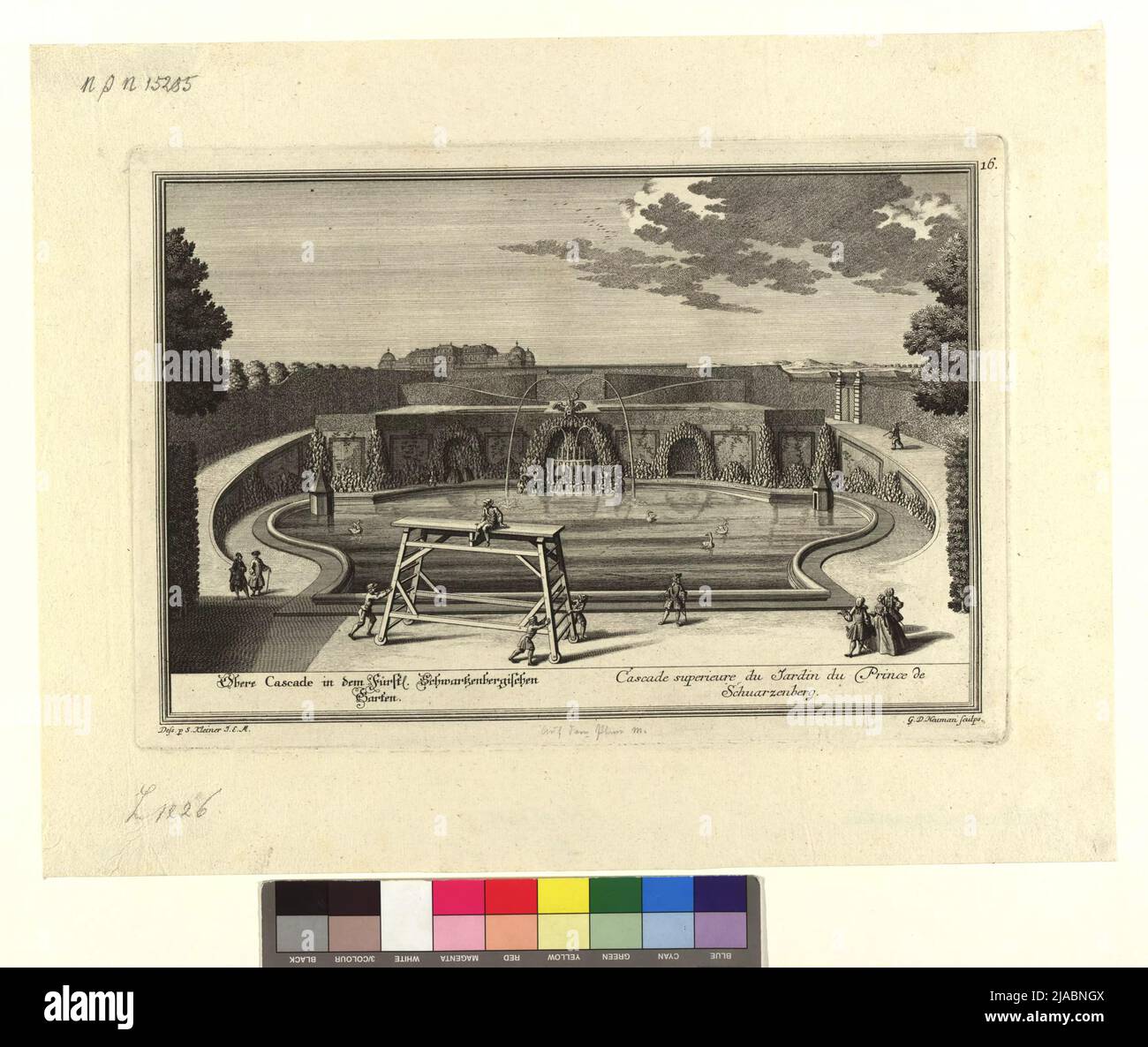 Obere Cascade nel Principe. Schwartzenberg Garden '(Giardino del Palais Schwarzenberg), da: Illustrazione vera e accurata (...), parte 5, Fig. 16. Dopo: Salomon Kleiner (1700-1761), cassetto, Georg Daniel Heumann (1691-1750) , incisore di rame, Johann Andreas d. Ä. Pfeffel (1674-1748), editore Foto Stock