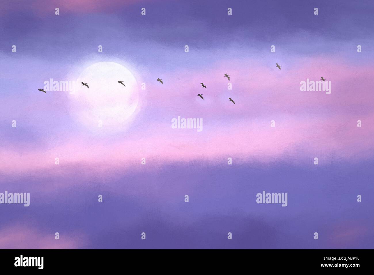 Un gregge di uccelli sta volando attraverso il cielo della notte della luna in formato di pittura grafica. Foto Stock