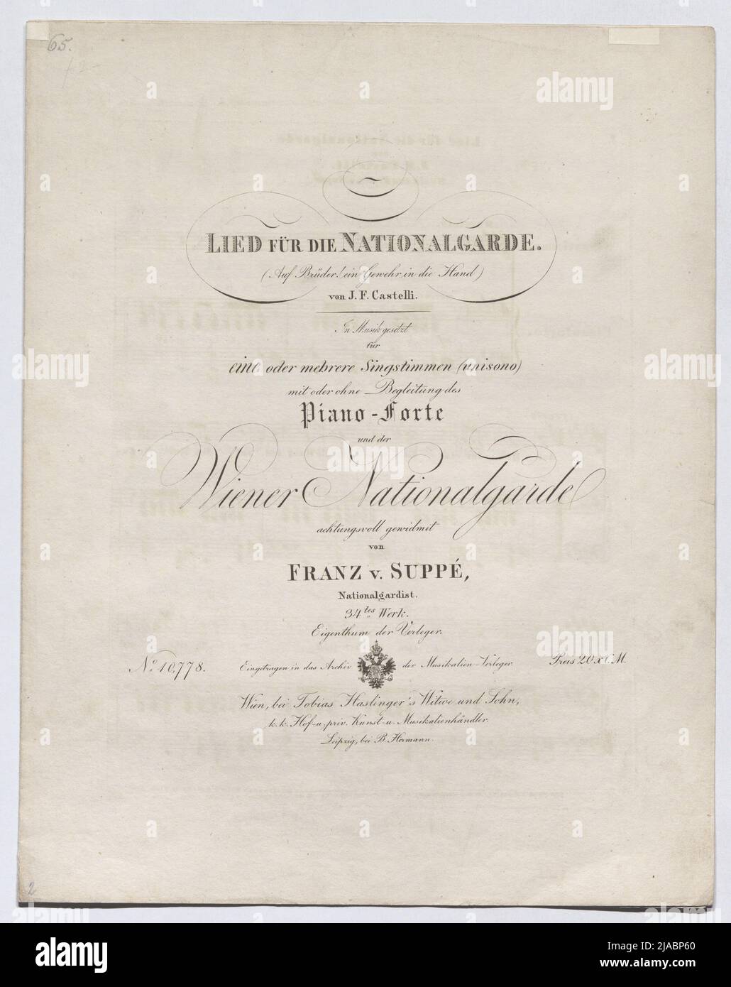 Note e testo: "Canzoni per la Guardia Nazionale". Ignaz Franz Castelli (1781-1862), Auteur, Franz von Suppé (1819-1895), Compositore Foto Stock