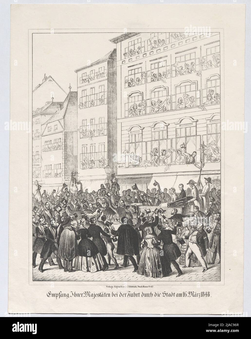 'Accoglienza delle loro maggiori durante la guida attraverso la città il 16 marzo 1848.' (Ferdinando I. e Anna Maria Carolina di fronte al Hochholzerhof, Tuchlauben 5). Johann Höfelich (1796-1849), editore Foto Stock