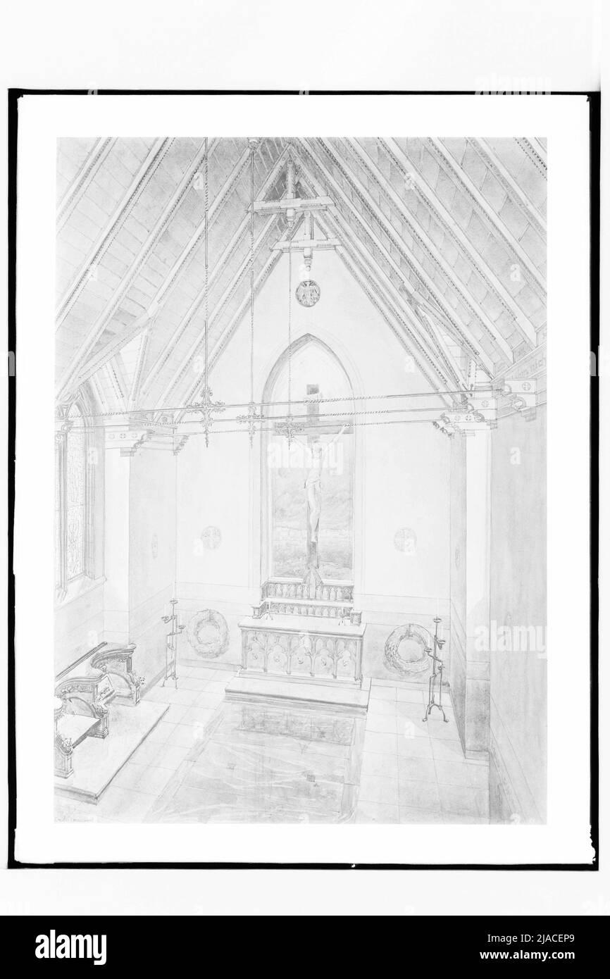 Disegno di una chiesa di emergenza (), interno. Martin Gerlach jun. (1879-1944), fotografo, Erich Leischner (1887-1970), architetto Foto Stock