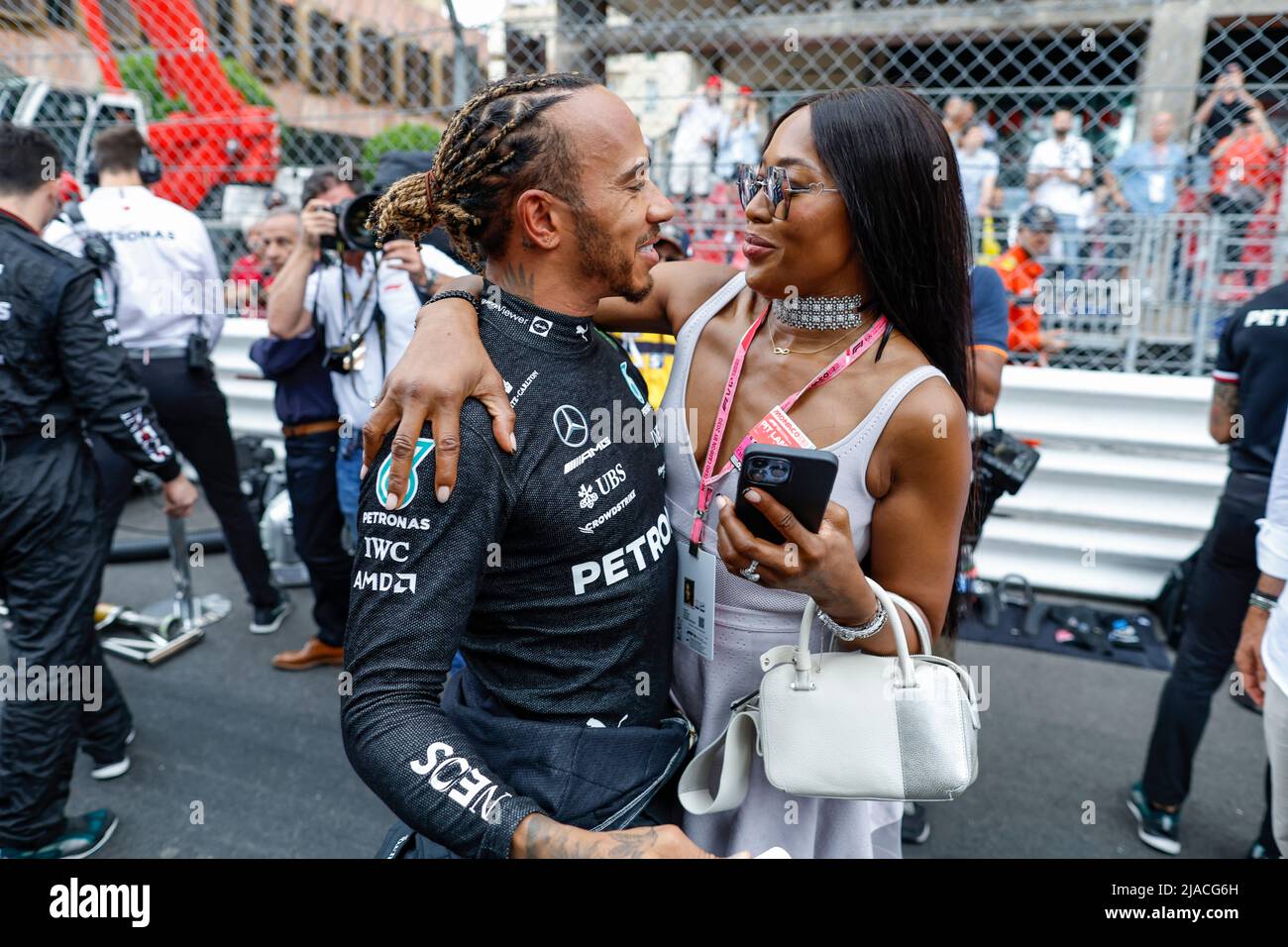 Monaco. 29th maggio 2022. HAMILTON Lewis (gbr), Mercedes AMG F1 Team W13, CAMPBELL Naomi, ritratto, conferenza stampa durante il Gran Premio di Monaco di Formula 1 2022, 7th round del Campionato del mondo di Formula uno FIA 2022, sul circuito di Monaco, dal 27 al 29 maggio 2022 a Monte-Carlo, Monaco - Foto DPPI Foto Stock