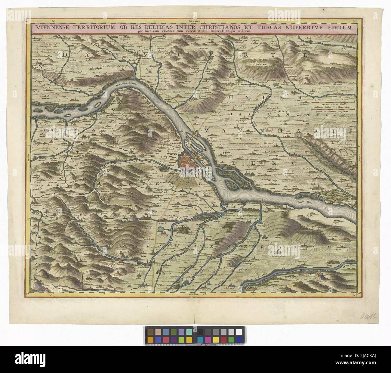 Territori viennesi per la guerra tra Christia e Turchia recentemente pubblicati. 'Plan von Wien und Umgebung zur Zeit der 2. TürkenbLagerung. Nicholaos Visscher (ii.) (1649-1702), cartografo Foto Stock