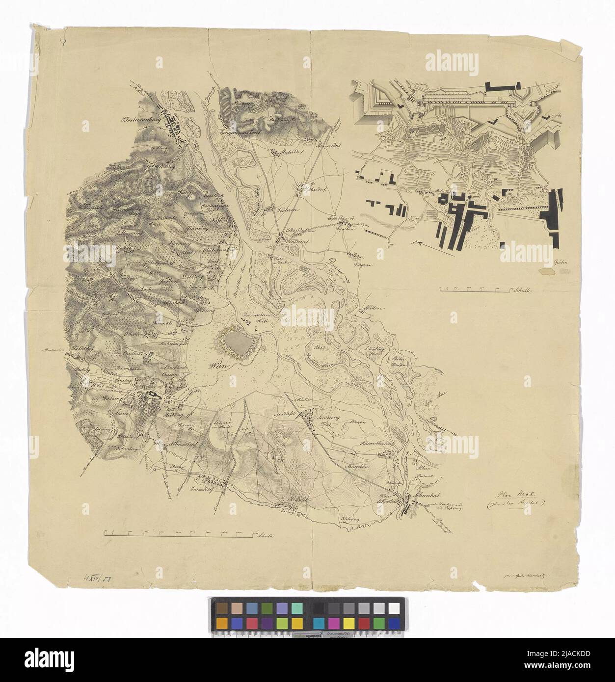 Piano da Vienna e la zona circostante al momento dell'assedio turco 2nd 1683 (con piano dettagliato dell'assedio). Blumhardt guida, cassetto Foto Stock