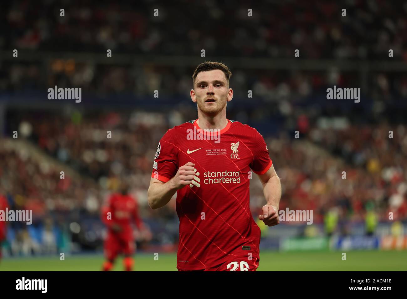 28th maggio 2022; stadio Stade de France, Saint-Denis, Parigi, Francia. Finale di calcio della Champions League tra il Liverpool FC e il Real Madrid; Andrew Robertson di Liverpool Foto Stock