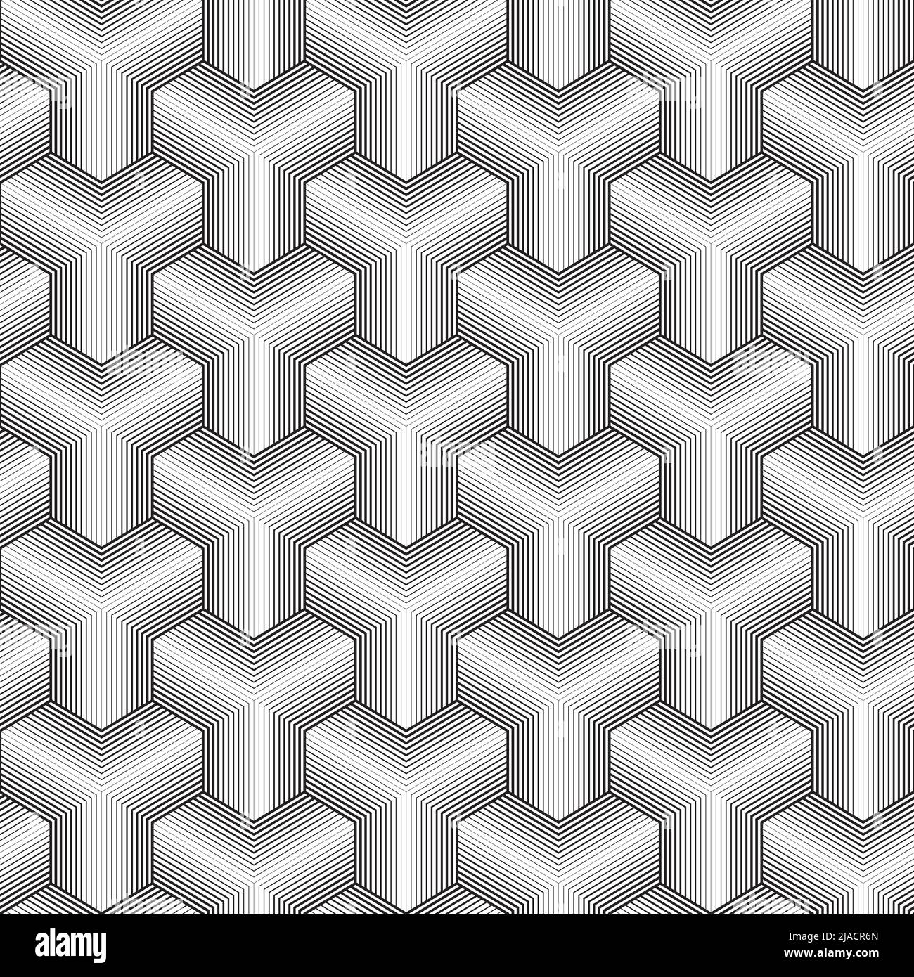 Linee sottili cubi isometrici senza giunture. Sfondo vettoriale piastrellabile in bianco e nero Illustrazione Vettoriale