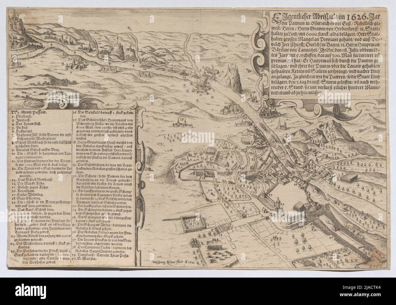 Assedio della città di Linz da parte degli agricoltori ribelli dal 28 maggio al 21 luglio 1626. Wolfgang Kilian (1581-1663), incisore in rame Foto Stock