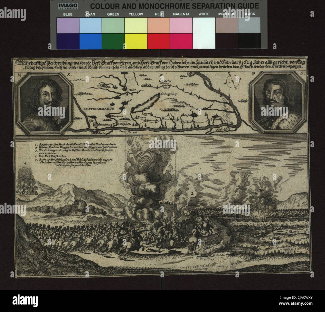 Campagna di Miklas Zrinyi e Julius Graf von Hohenlohe lungo il Drau contro gli Ottomani e distruzione del ponte nei pressi di Esseg (Osijek) nei mesi di gennaio e febbraio 1664. Sconosciuto Foto Stock