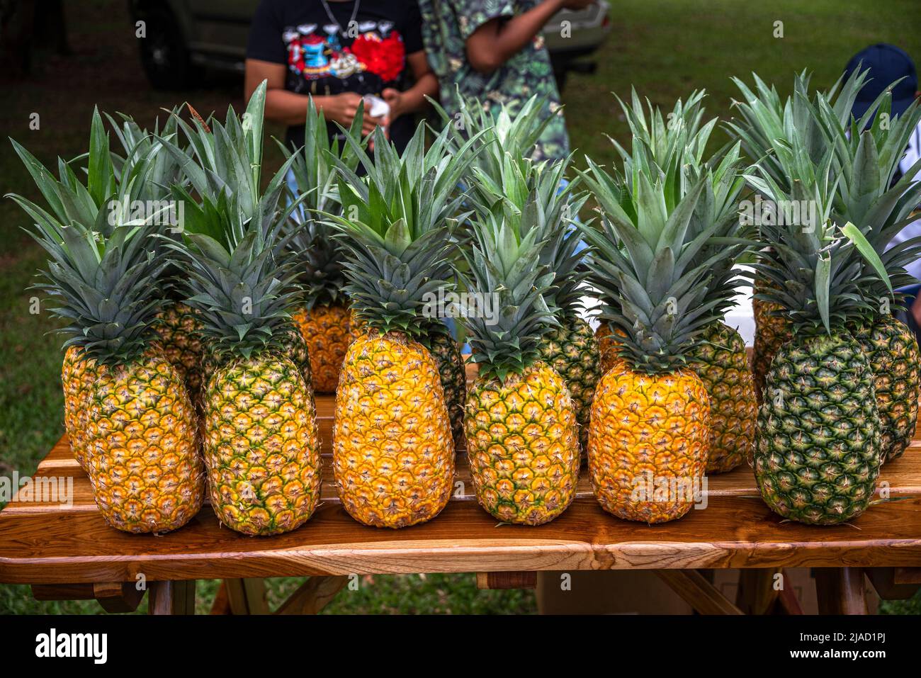 Ananas in mostra per la vendita sul mercato nazionale Foto Stock
