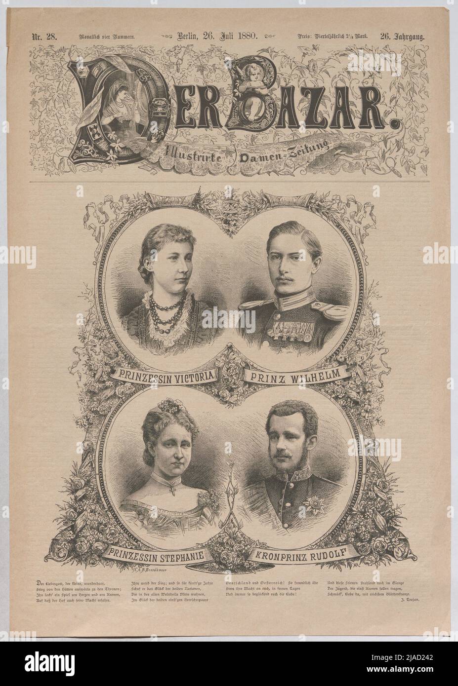 Principessa Victoria; Principe Guglielmo; Principessa Stephanie; Principe ereditario Rudolf '. Principessa Stephanie del Belgio e Principe Rudolf d'Austria; Principessa Auguste Viktoria von Schleswig-Holstein e Principe Wilhelm von Prussia (pagina del titolo di' Der Bazar'). Richard Brend’amour (1831-1915), xilografo Foto Stock