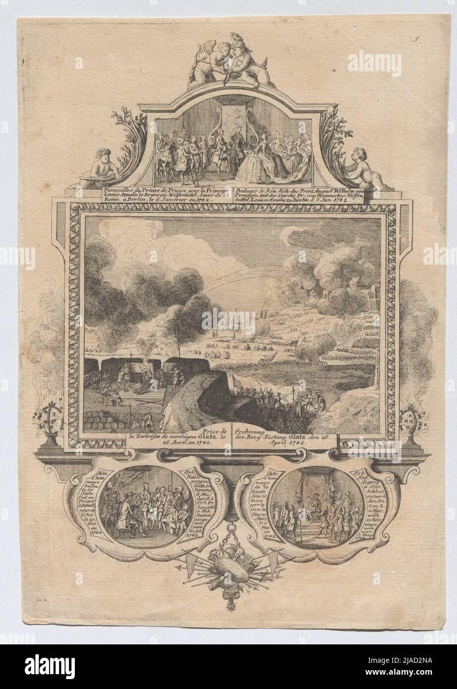 Supporto del principe August Wilhelm von Prussia con la principessa Louisa Amalia di Braunschweig-Wolfenbüttel il 6th gennaio, conquista della fortezza di Glaz il 26 aprile, ereditarietà a Glatz il 20 febbraio e ereditarietà a Glatz il 6 maggio 1742. Sconosciuto Foto Stock