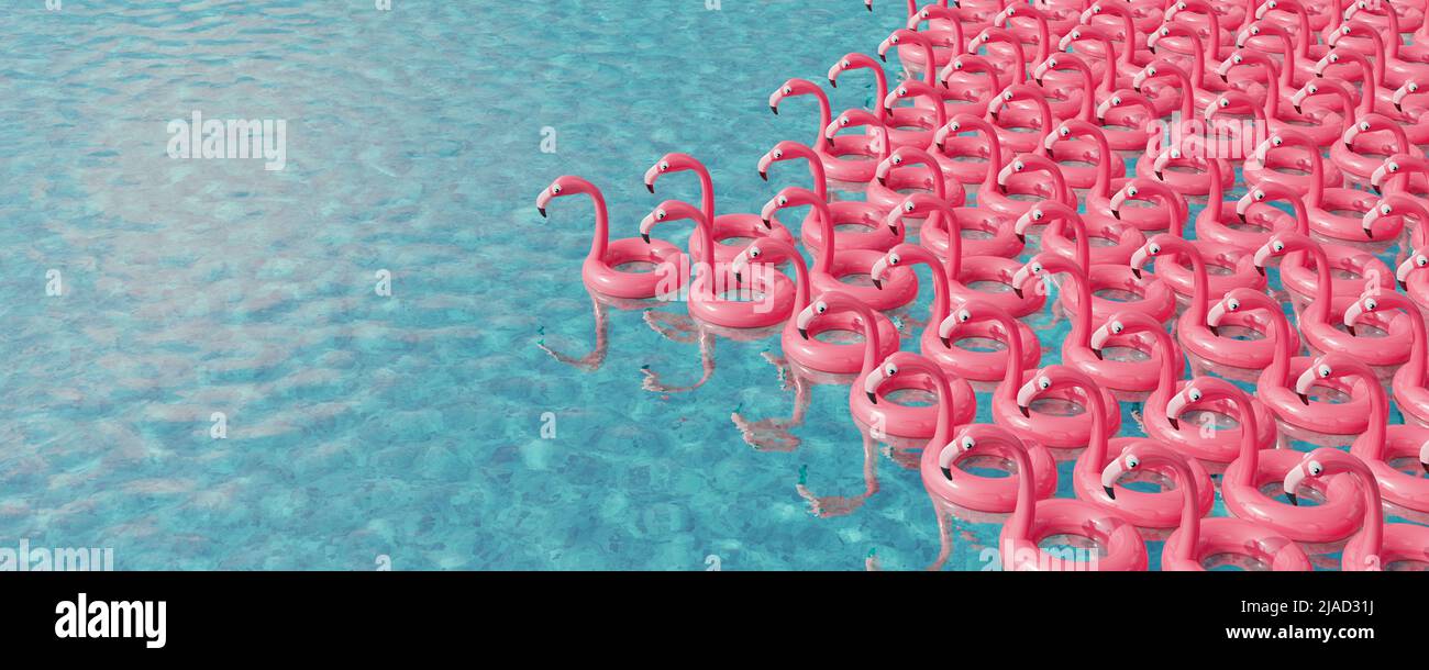 Grande gruppo di anelli gonfiabili Pink Flamingo galleggianti in piscina. Vacanza estiva concetto 3D rendere illustrazione 3D Foto Stock