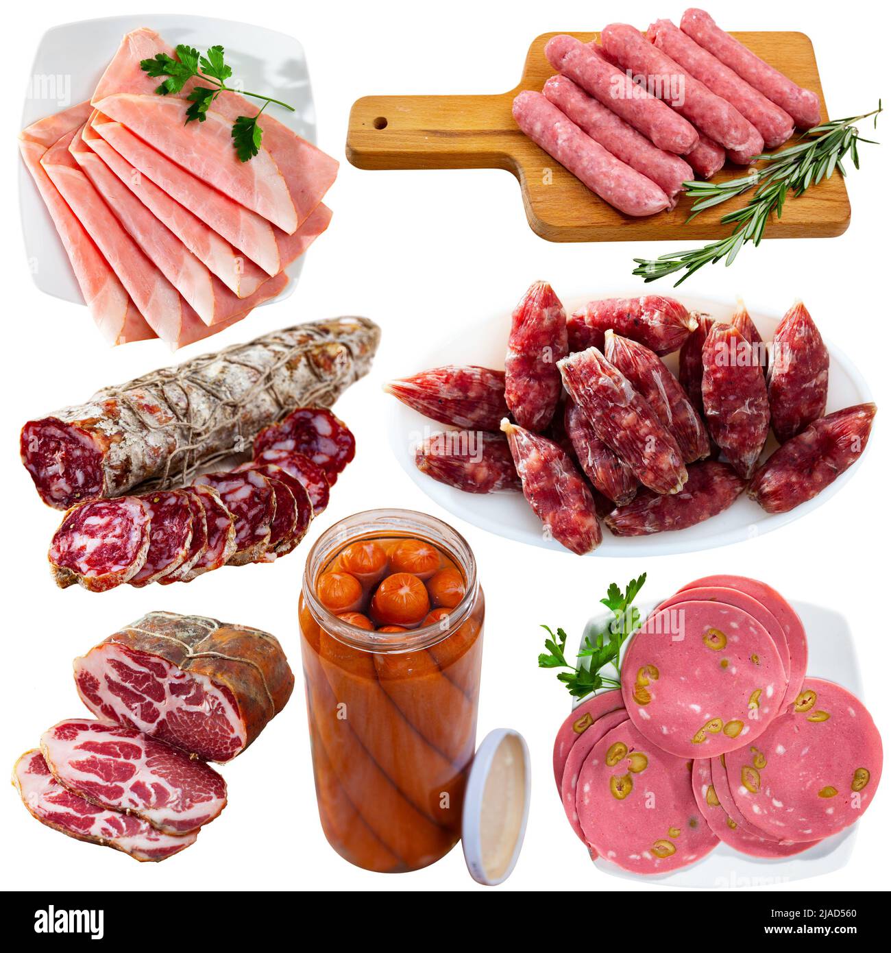 Set di specialità di carne e salsicce isolate su bianco Foto Stock