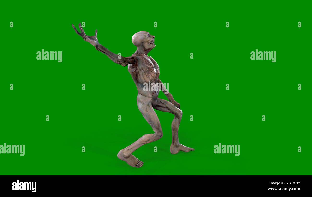 Fantasy personaggio Zombie Undead in posa epica - 3D rendering su sfondo verde isolato Foto Stock