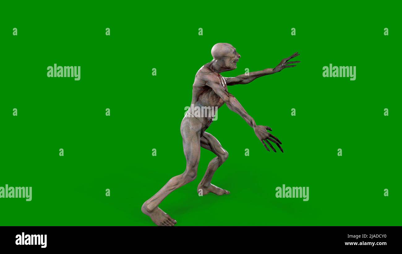 Fantasy personaggio Zombie Undead in posa epica - 3D rendering su sfondo verde isolato Foto Stock