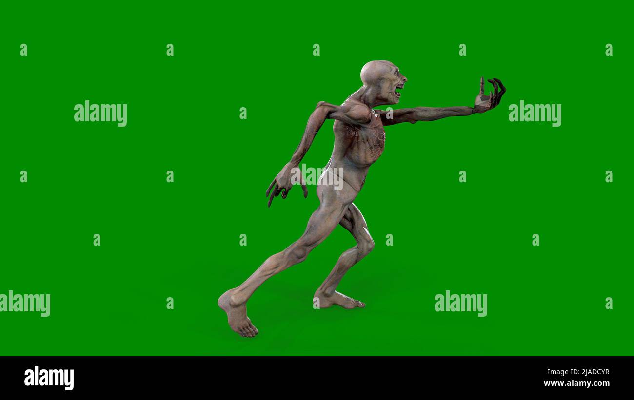 Fantasy personaggio Zombie Undead in posa epica - 3D rendering su sfondo verde isolato Foto Stock