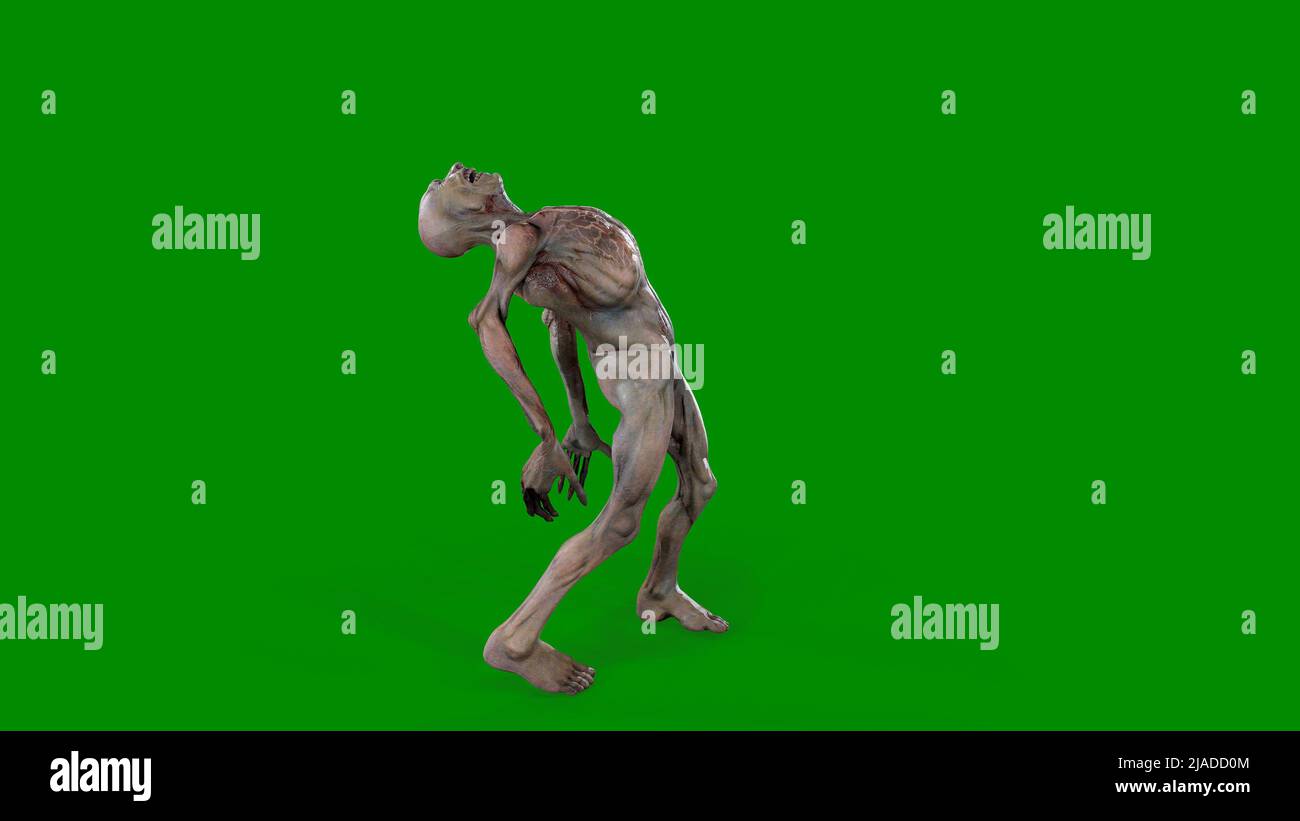 Fantasy personaggio Zombie Undead in posa epica - 3D rendering su sfondo verde isolato Foto Stock