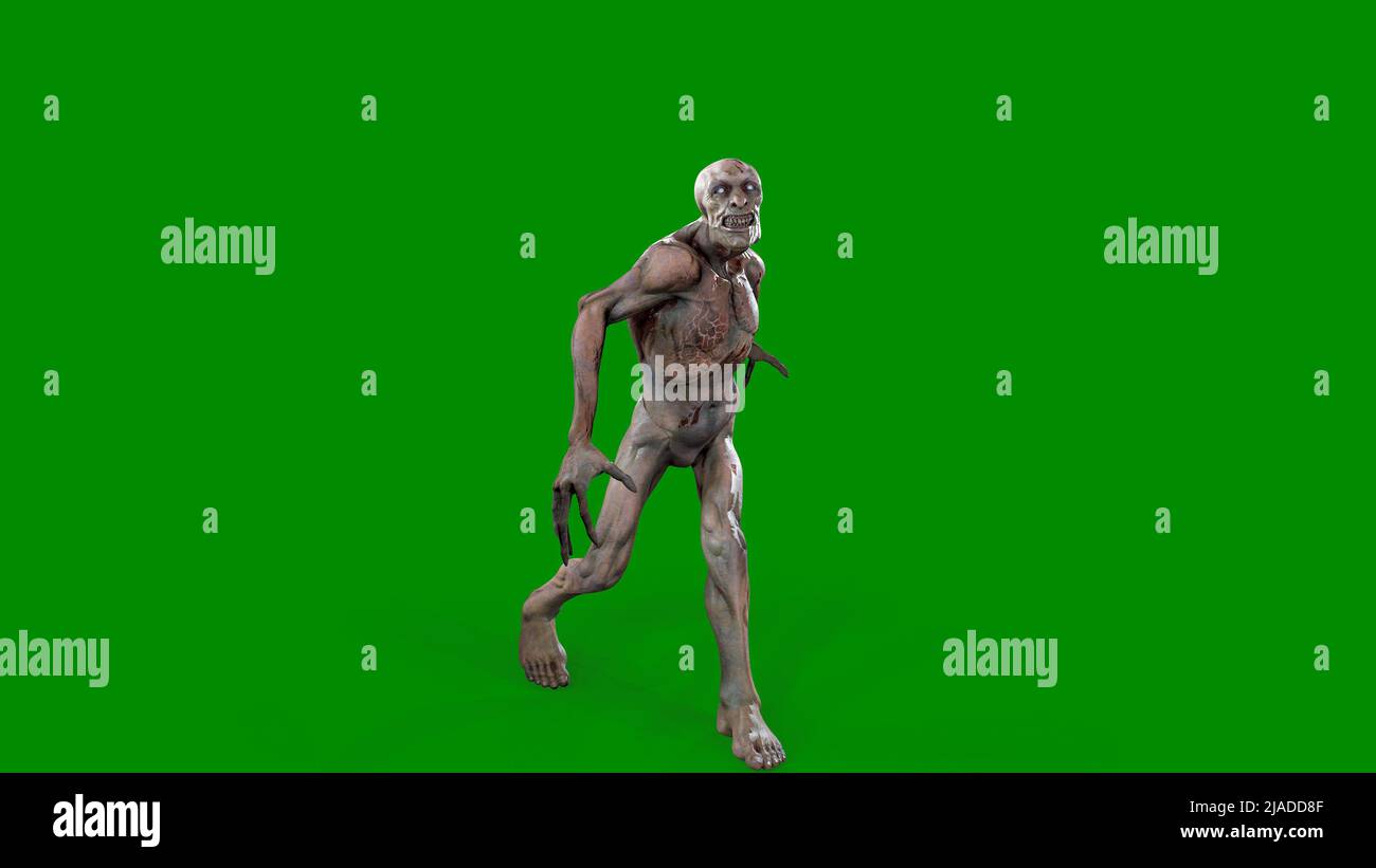 Fantasy personaggio Zombie Undead in posa epica - 3D rendering su sfondo verde isolato Foto Stock
