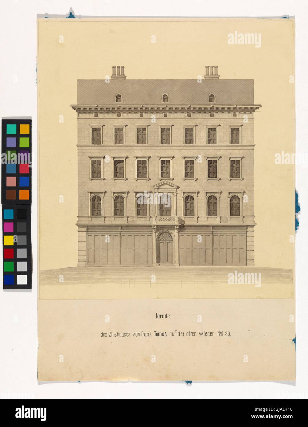 Disegno per la facciata della casa di tasso d'interesse di Franz Tomas sul vecchio Wieden No. 20 (4th, Wiedner Hauptstraße 15). Johann Julius Romano vom Rings (1818-1882), Draft, August Schwendenwein von Lanauberg (1817-1885), Draft Foto Stock
