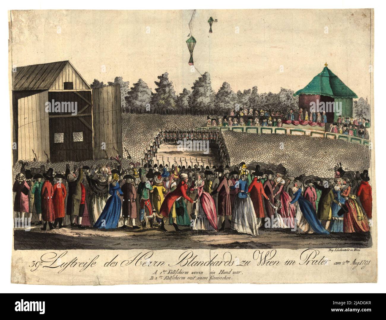 Blanchards 39th viaggio aereo a Vienna a Prater il 2 agosto 1791. Johann Hieronymus Delete Kohl (1753-1807), casa editrice Foto Stock