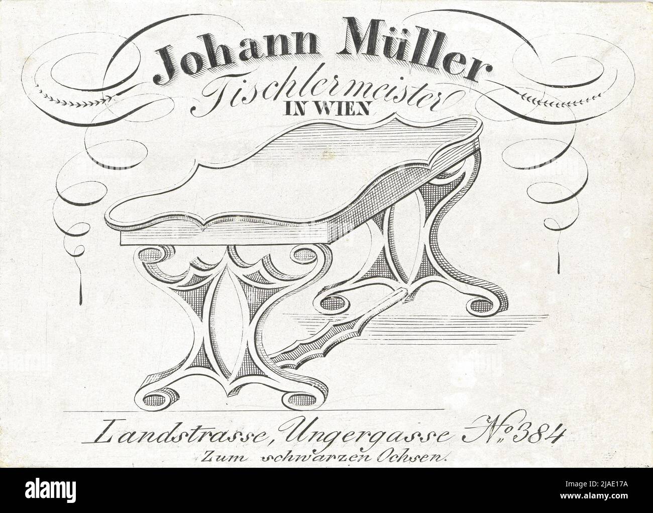 Mappa commerciale/etichetta aziendale del maestro falegname Johann Müller, Hungargasse, Landstraße 384 ('Zum Schwarzen Ochsen'), Vienna. Sconosciuto Foto Stock