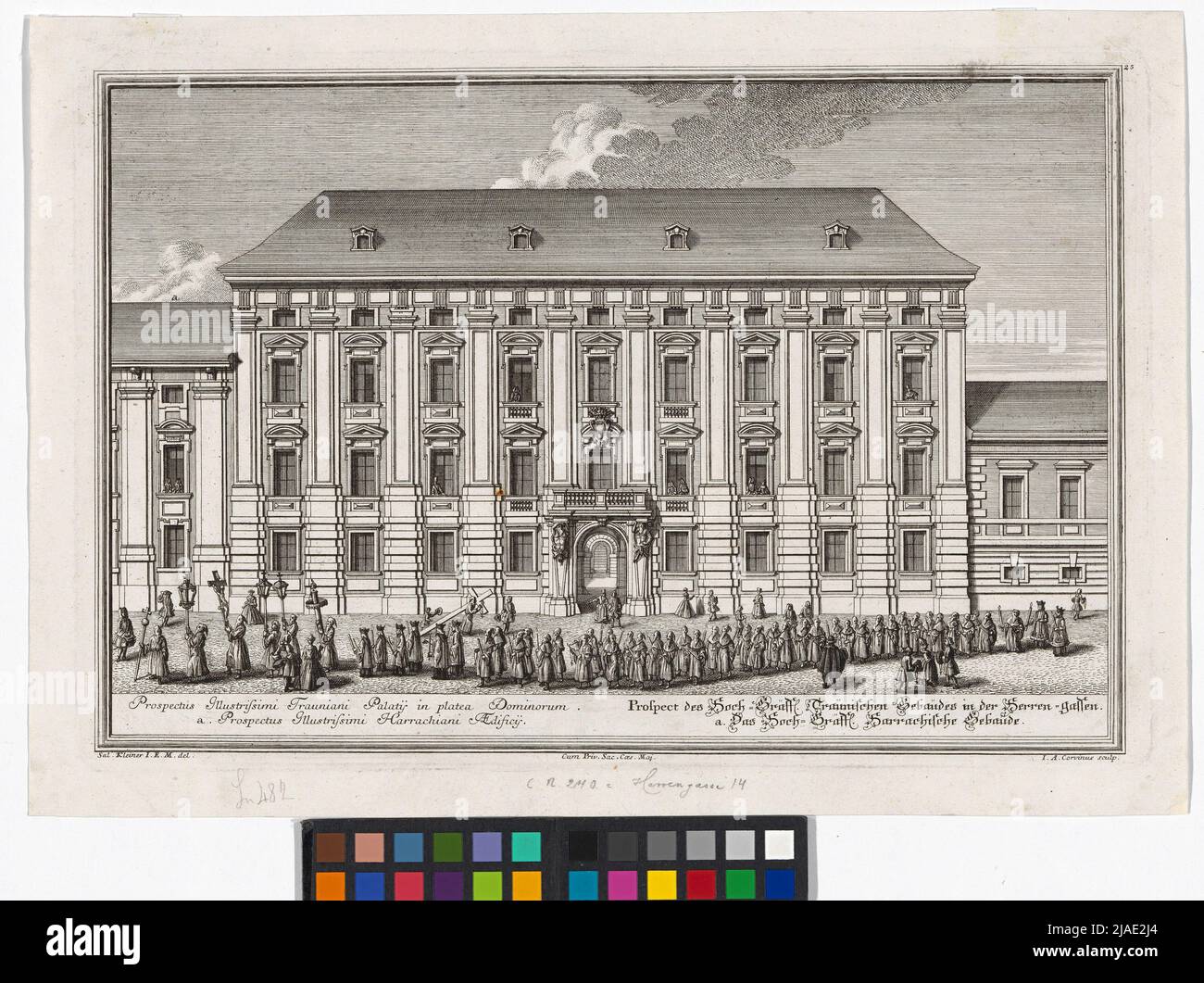 Prospettiva della Hoch-Gräffl. Edificio Traunico nel Herren-Gassen (Herrengasse) da: Illustrazione vera e accurata (...), parte 3, Fig. 25. Dopo: Salomon Kleiner (1700-1761), cassetto, Johann August Corvinus (1683-1738) , incisore di rame, Johann Andreas d. Ä. Pfeffel (1674-1748), editore Foto Stock