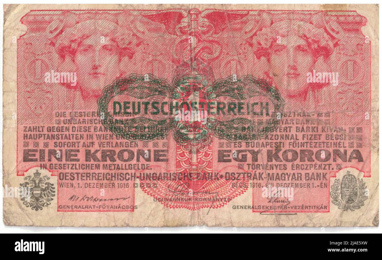 Banconota da 1 corone. Alois Hans Schram (1864-1919), artista, Rudolf Rössler (1864-1934), artista, Rudolf Junk (1880-1943), Artista, Banca Austriaco-Ungherese, autorità Mint Foto Stock