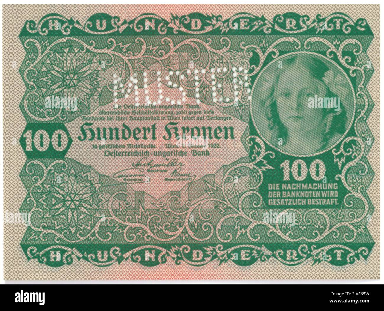 Banconota (modello), 100 corone. Rudolf Rössler (1864-1934), artista, Rudolf Junk (1880-1943), artista, Banca Austriaco-Ungherese di gestione austriaca, AUTORITÀ MINT Foto Stock