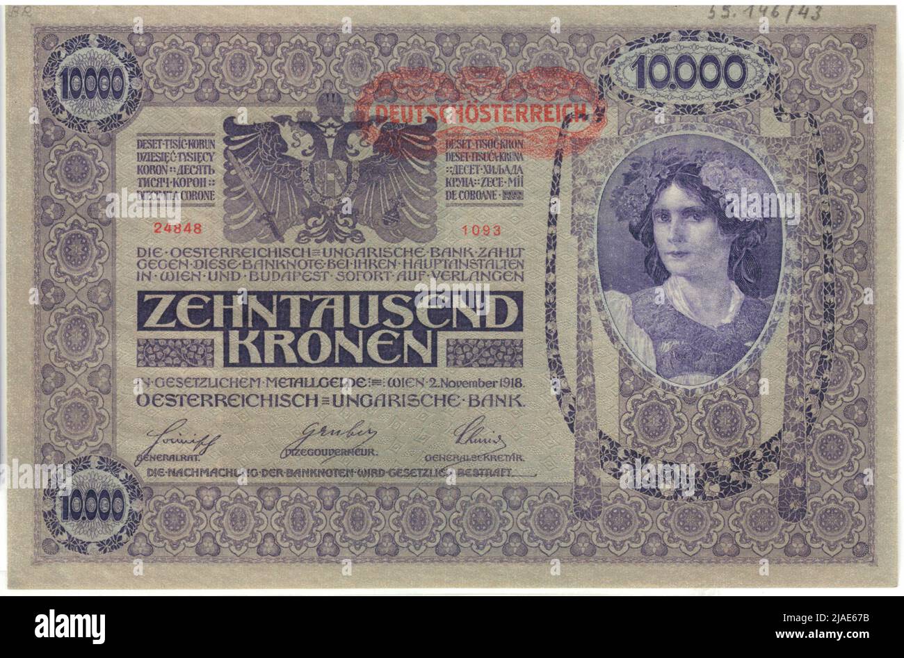 Banconota, 10.000 corone. Rudolf Rössler (1864-1934), artista, Heinrich Lefler (1863-1919), artista, Banca Austriaco-Ungherese, Autorità MINT Foto Stock