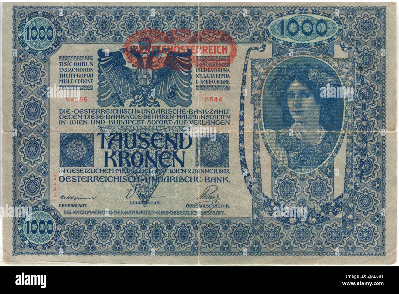 Banconota, 1000 corone. Rudolf Rössler (1864-1934), artista, Heinrich Lefler (1863-1919), artista, Banca Austriaco-Ungherese, Autorità MINT Foto Stock