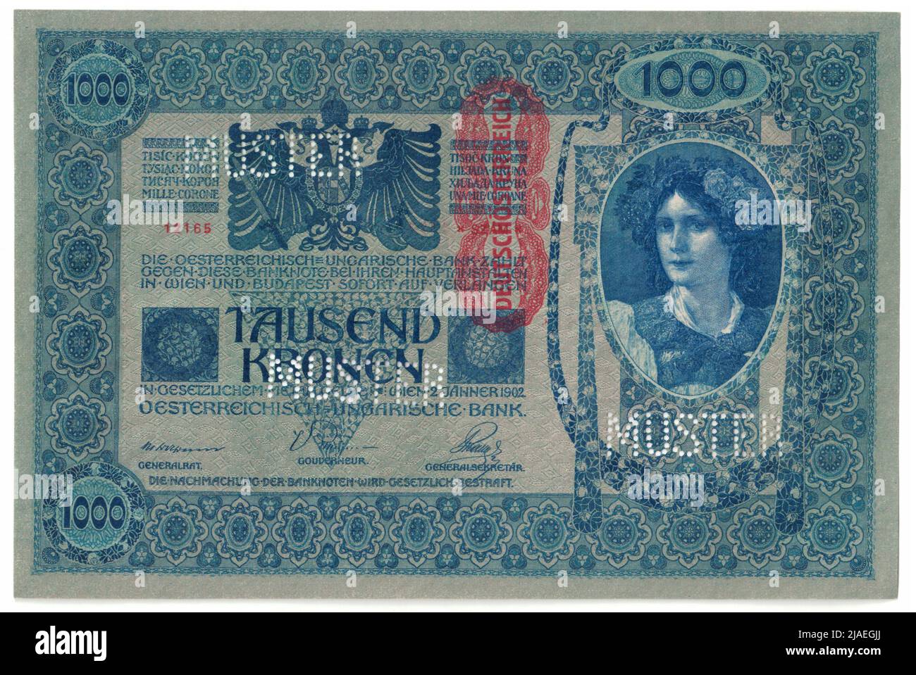 Banconota (modello), 1000 corone. Rudolf Rössler (1864-1934), artista, Heinrich Lefler (1863-1919), artista, Banca Austriaco-Ungherese, Autorità MINT Foto Stock