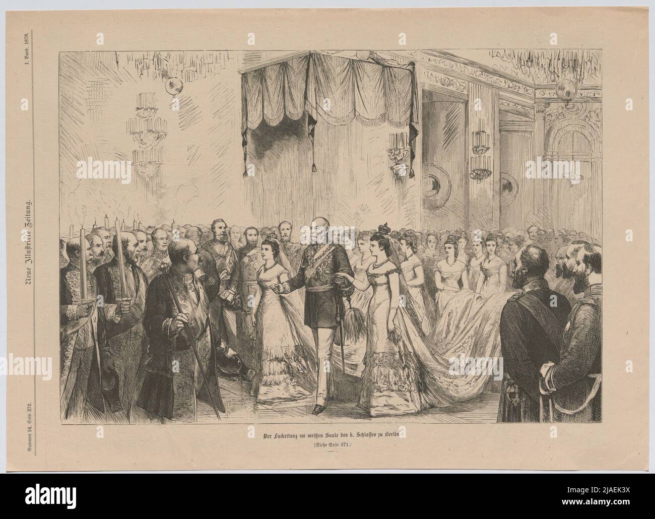 La torcia danza nella bianca Saale des Kaiserl. Schloss zu Berlino. '. Danza della torcia durante il doppio presente tra il principe ereditario Bernhard von Sassonia e la principessa Charlotte, nonché la principessa Elisabetta e il Granduca ereditario di Oldenburg; con l'imperatore tedesco Guglielmo i e i ritratti delle principesse (da 'Neue Illustrirte Zeitung'). Sconosciuto Foto Stock