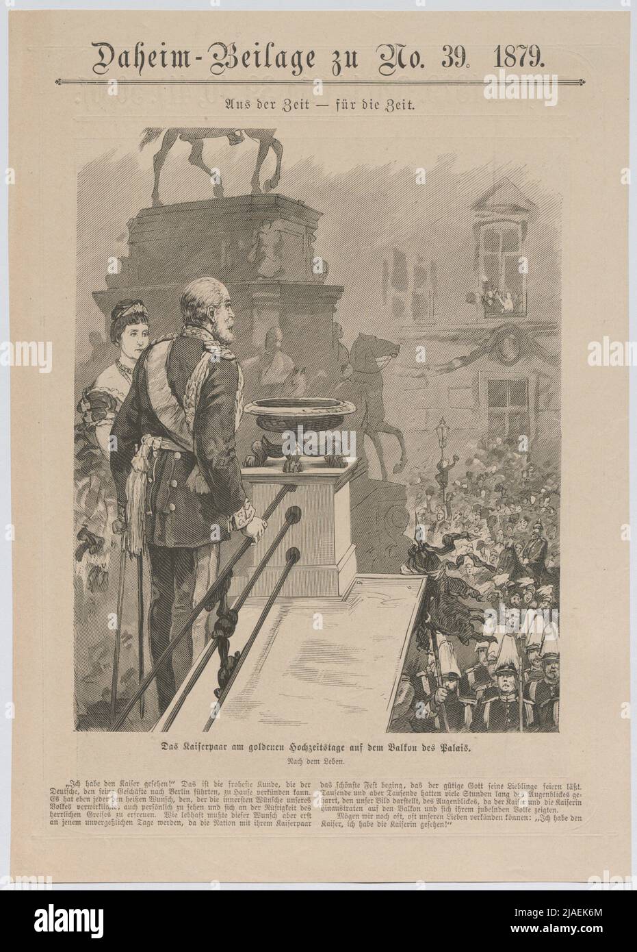 La coppia imperiale al Golden Wedding Days sul balcone del Palais. '. L'imperatore tedesco Wilhelm i e l'imperatrice Augusta von Sachsen-Weimar-Eisenach in occasione dell'anniversario di matrimonio d'oro sul balcone del Palais (dalla 'Guardia di Dausheim al n° 39. 1879 ' ). Sconosciuto Foto Stock