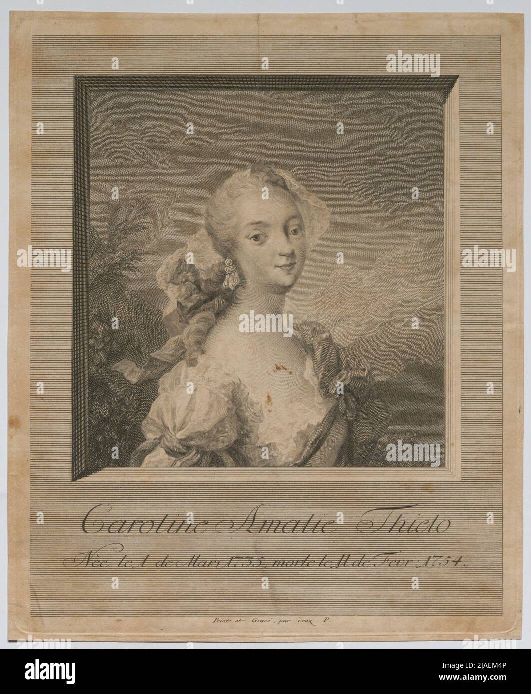 Caroline Amalie Thielo Nèe le 1 de Mars 1735, morte le 11 de FevR: 1754. '. Caroline Amalie Thielo, attrice danese. Johann Martin Preissler (1715-1794), incisore in rame Foto Stock