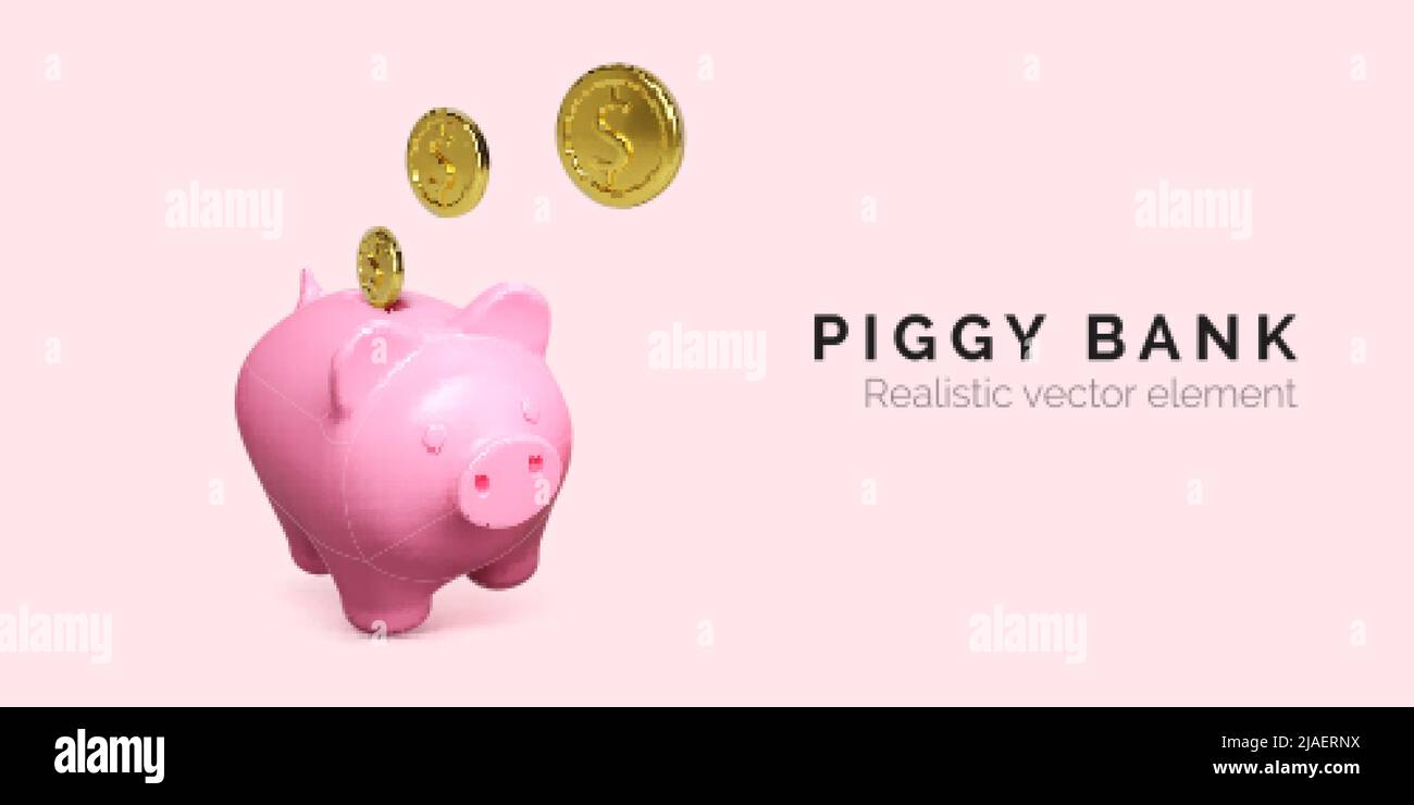 Piggy banca finanziaria e business concept. Maiale rosa realistico con moneta d'oro cadente. Banner di investimento finanziario. Risparmia denaro. Illustrazione vettoriale Illustrazione Vettoriale