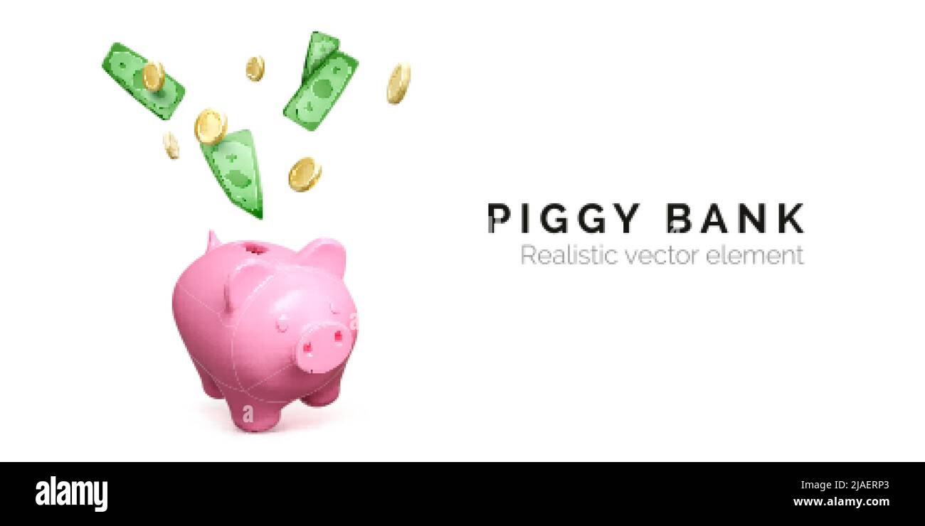 Rosa Piggy banca e cadere carta verde denaro e monete d'oro. Banner di investimento finanziario isolato su sfondo bianco. Risparmia denaro. Illustrazione vettoriale Illustrazione Vettoriale