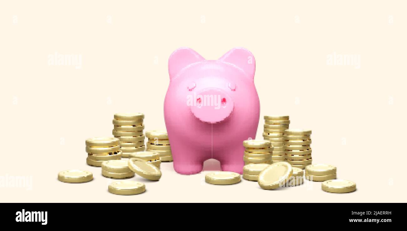 Rosa scopata con pila di monete d'oro. Concetto di risparmio di denaro. 3D maiale realistico e denaro. Investimento finanziario e concetto di business. Illustrazione vettoriale Illustrazione Vettoriale
