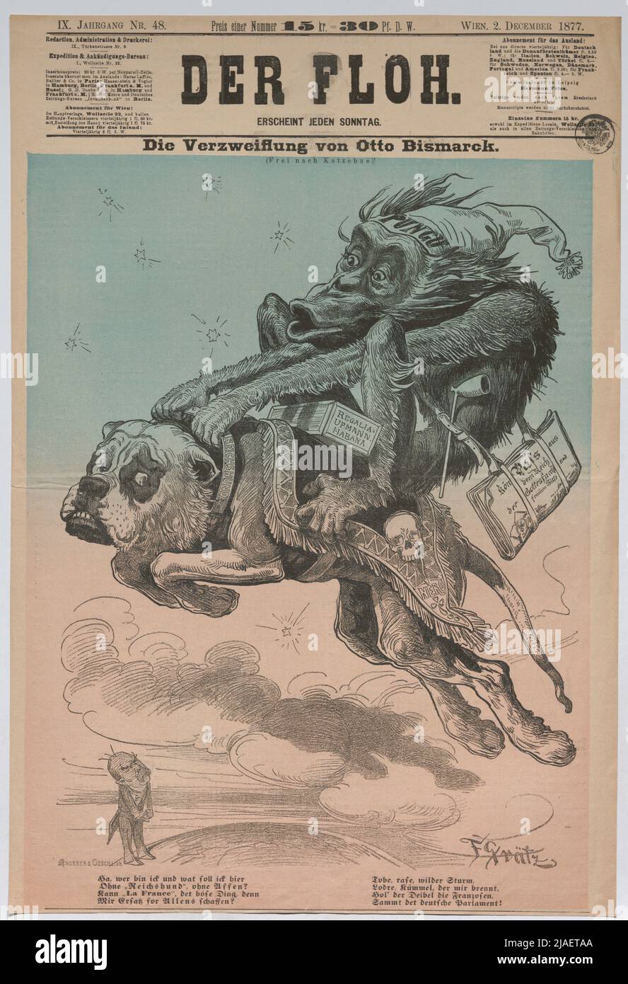 La disperazione di otto Bismarck (libero di Kotzebue); 'Reichhund', scimmia  (pagina del titolo di 'Der Floh'). Friedrich Graetz (Grätz) (1842-1912),  caricaturista, C. Angerer & Göschl, Stampa Foto stock - Alamy