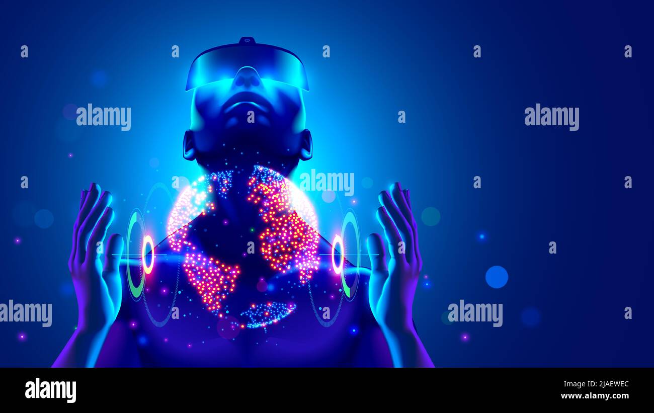 Concetto di tecnologia digitale per la realtà virtuale. L'uomo che indossa gli occhiali per visore VR da 3D° guarda verso l'alto, tiene il mondo nelle sue mani del mondo digitale. Realtà virtuale Illustrazione Vettoriale