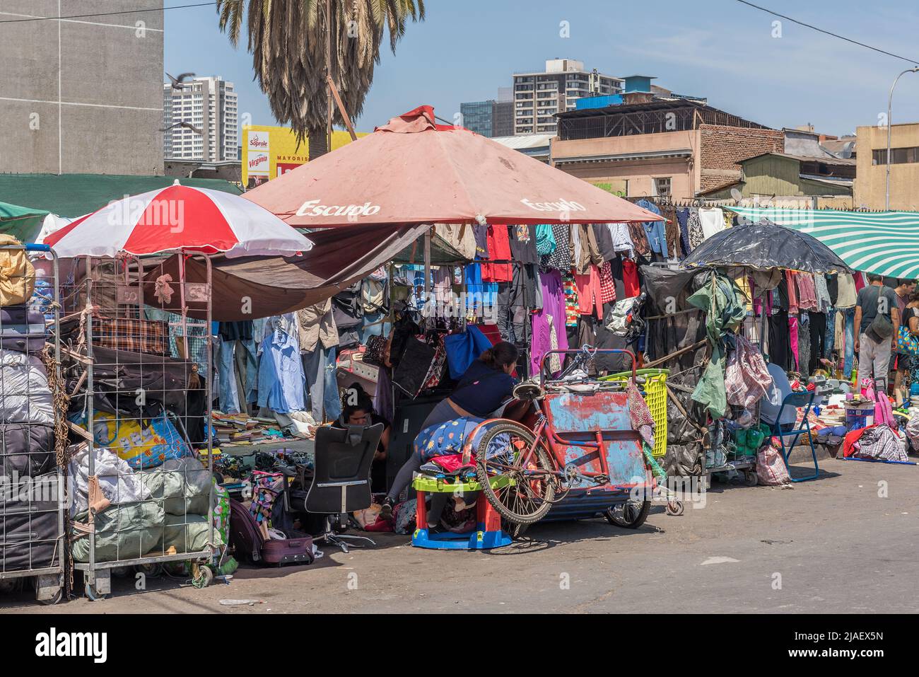 Mercato di strada nel quartiere centrale Vega di Santiago, Cile Foto Stock