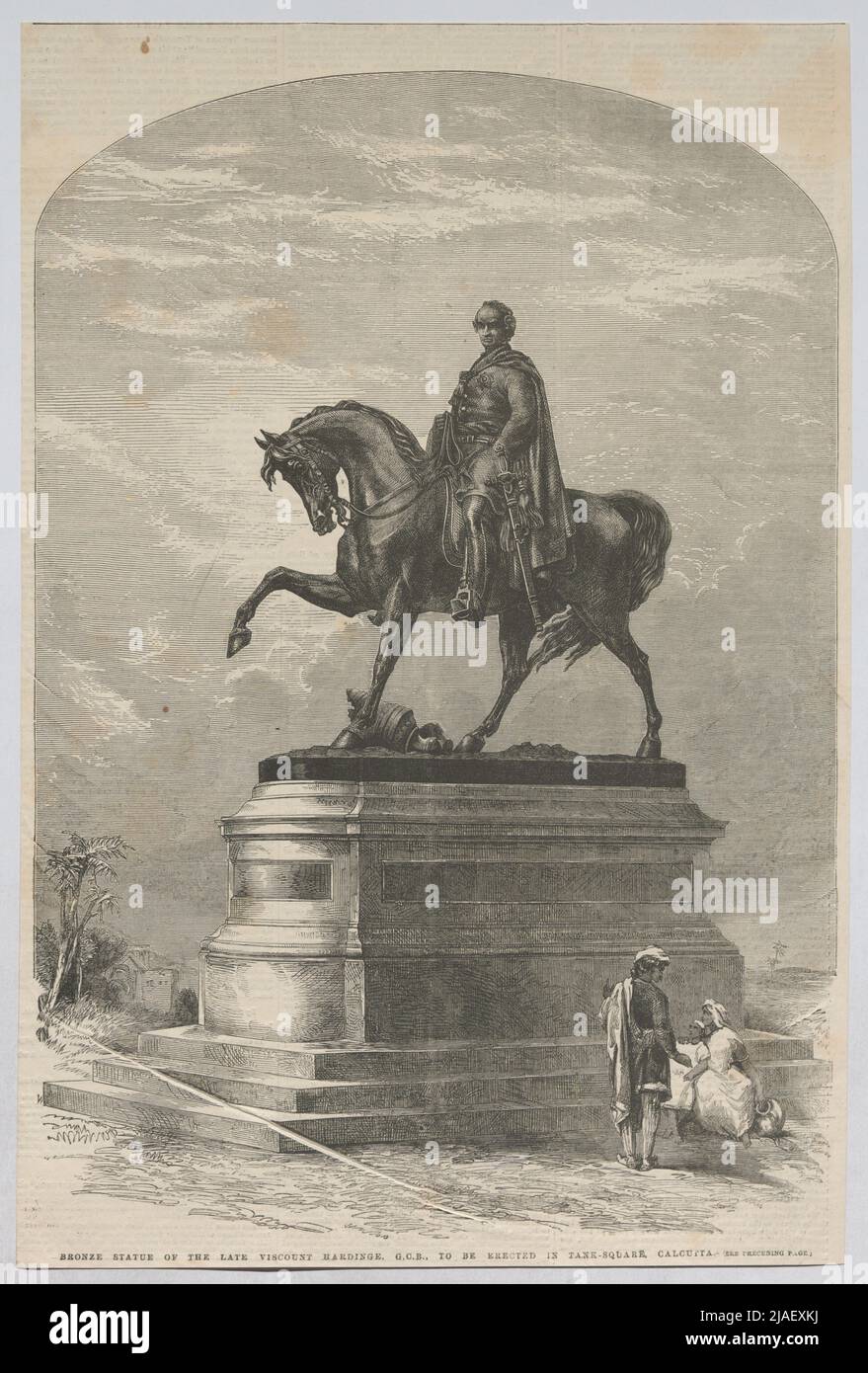 STATUA DI BRONZO DEL TARDO VISCONTE HARDINGE. G. C. B., DA ERDIRE IN TANK-SQAURE, CALCUTTA'. Reiterstandbild, geplant in Kalkutta, von Henry Hardinge, 1st Viscount Hardinge, Generalgouverneur in Indien (aus 'Illustrated London News'). Sconosciuto Foto Stock