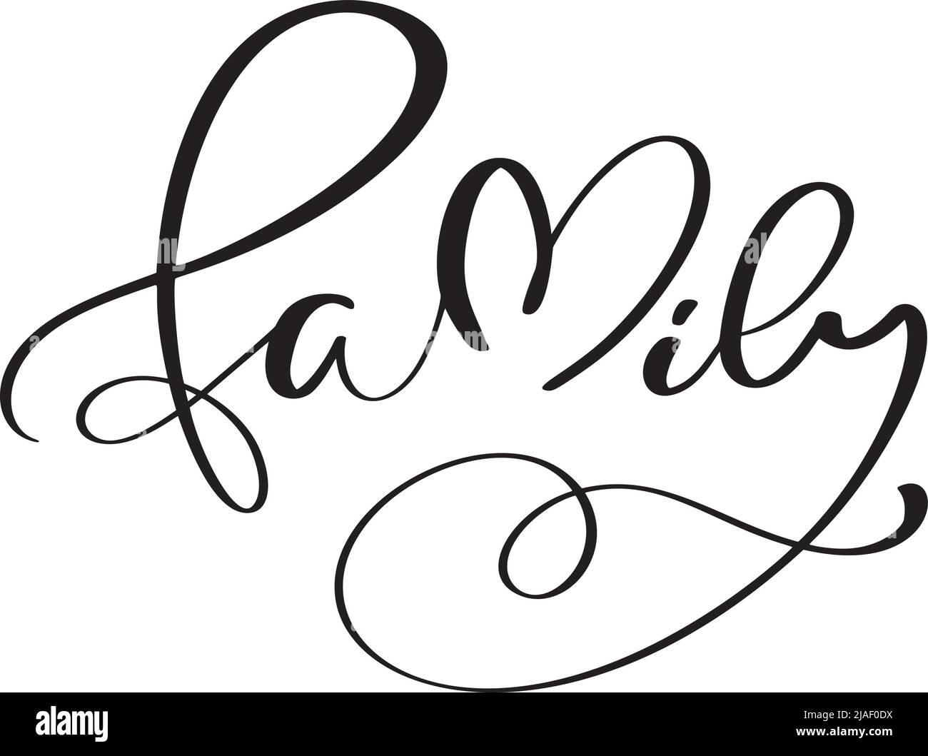 Testo calligrafico vettoriale Iscrizione di famiglia con linee uniformi. Illustrazione minimalista con lettere a mano e cuore Illustrazione Vettoriale