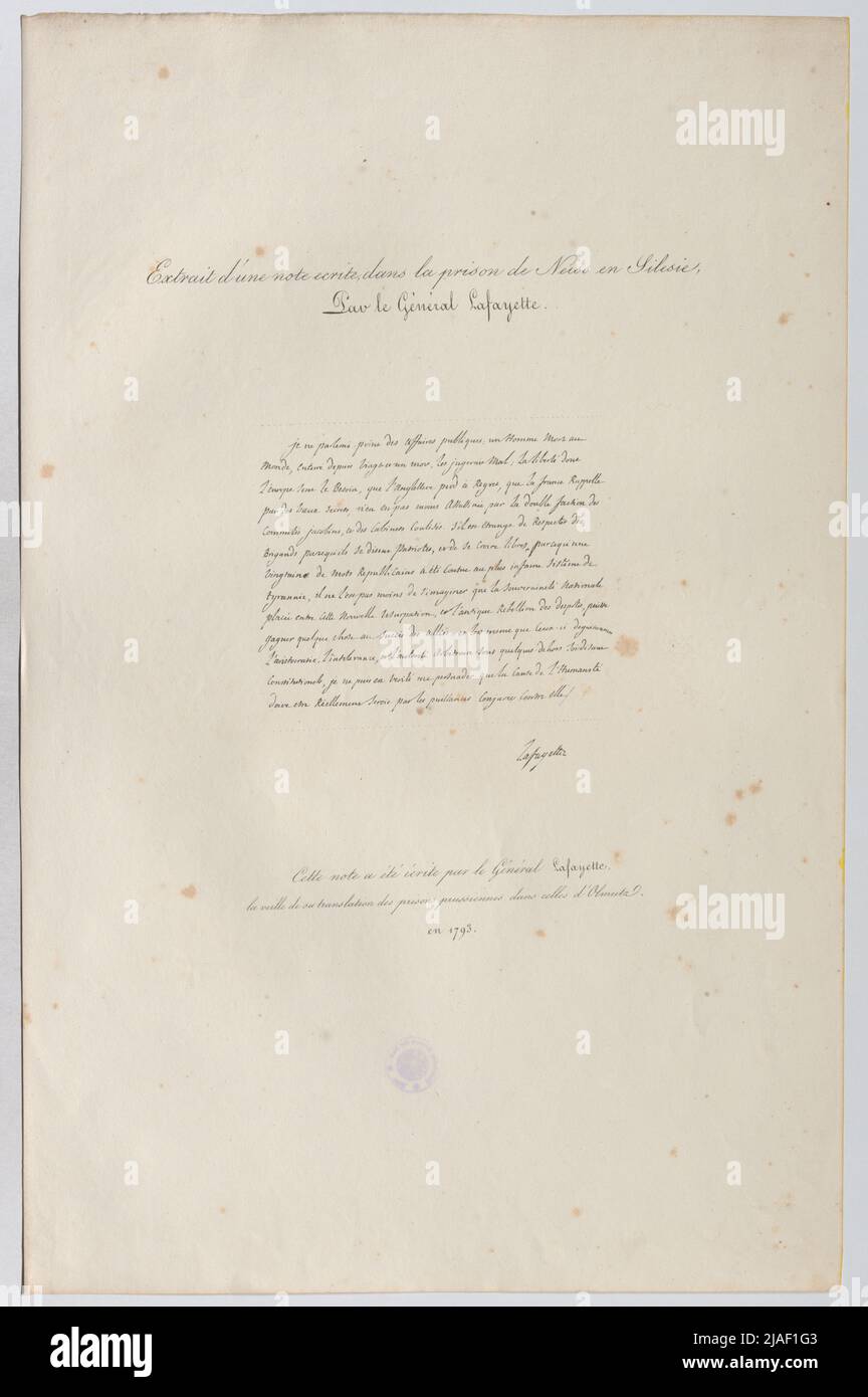 Extrait d´une Note Ecrite, dans la Prison de Neiss en Silesie, Pad le Gènèral Lafayette. ' Foto Stock