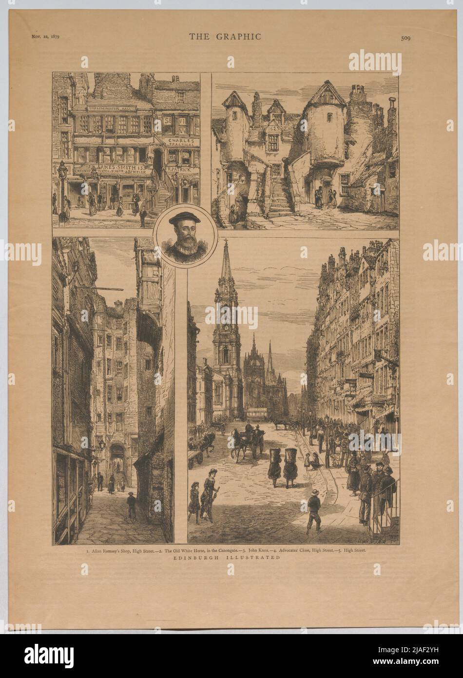 Edimburgo illustrato; 1. Allan Ramsay's Shop, High Street. - 2. Il vecchio Cavallo Bianco, nel Cannongate. - 3. John Knox. - 4. Avvocati Chiudi (...) '. Scenes from Edinburgh; Ritratto di John Knox, riformatore scozzese (da 'The Graphic'). Sconosciuto Foto Stock