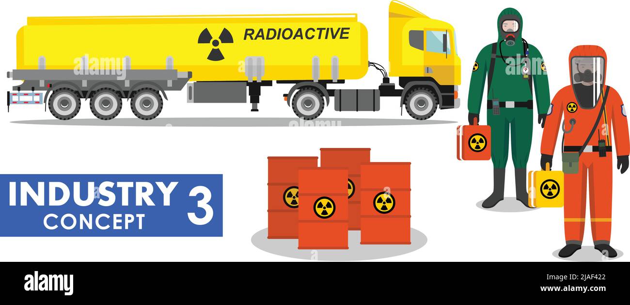 Illustrazione dettagliata del carrello cisterna che trasporta sostanze chimiche, radioattive, tossiche, pericolose e lavoratori in tuta protettiva su sfondo bianco Illustrazione Vettoriale