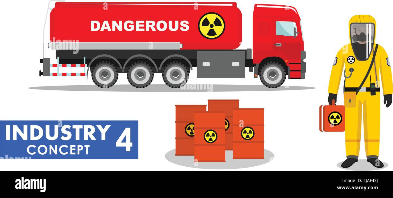 Illustrazione dettagliata del carrello cisterna che trasporta sostanze chimiche, radioattive, tossiche, pericolose e dell'operatore in tuta protettiva su sfondo bianco i Illustrazione Vettoriale