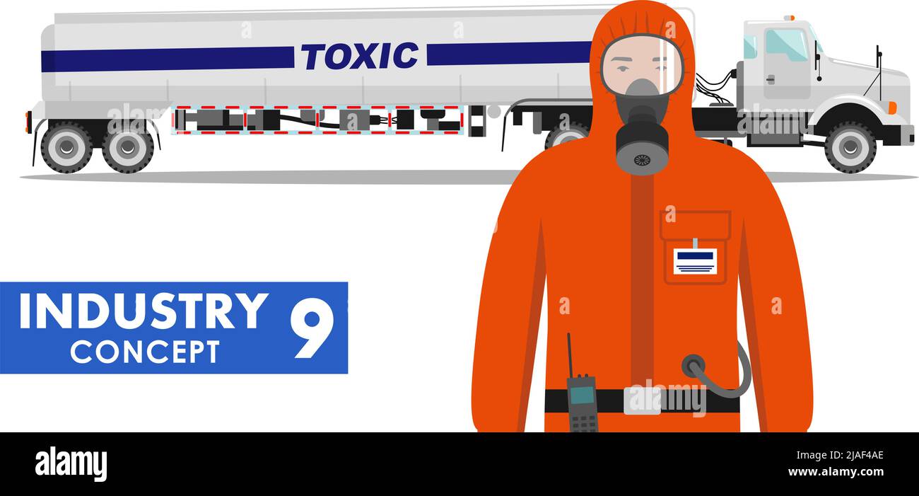 Illustrazione dettagliata del carrello cisterna che trasporta sostanze chimiche, radioattive, tossiche, pericolose e dell'operatore in tuta protettiva su sfondo bianco i Illustrazione Vettoriale