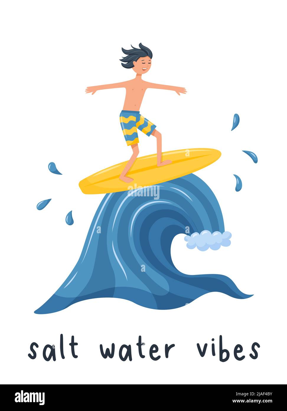 Una cartolina con un ragazzo surfer che precipita sull'onda dell'oceano. Un uomo felice su una tavola da surf. Stampa su abiti con le parole - acqua salata Vibes. Vettore illustraz Illustrazione Vettoriale